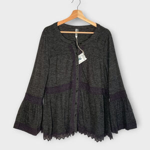 MONORENO Button Up Sweater LARGE Gray Lace Trim Boho Whimsigoth NEW